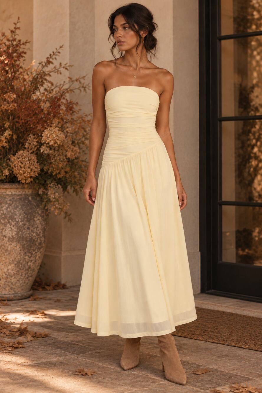 Petal & Pup Calypso Strapless Ruched Maxi Dress in Butter Yellow - Size L NWT